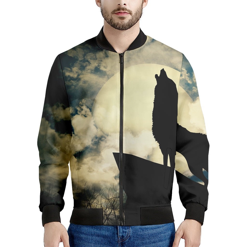 Wolf Howling At The Full Moon Print Men's Bomber Jacket