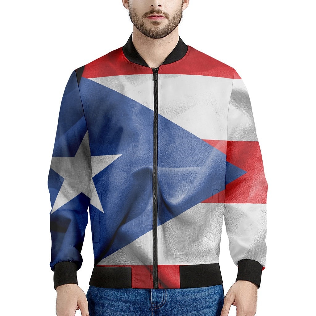 Wrinkled Puerto Rican Flag Print Men's Bomber Jacket