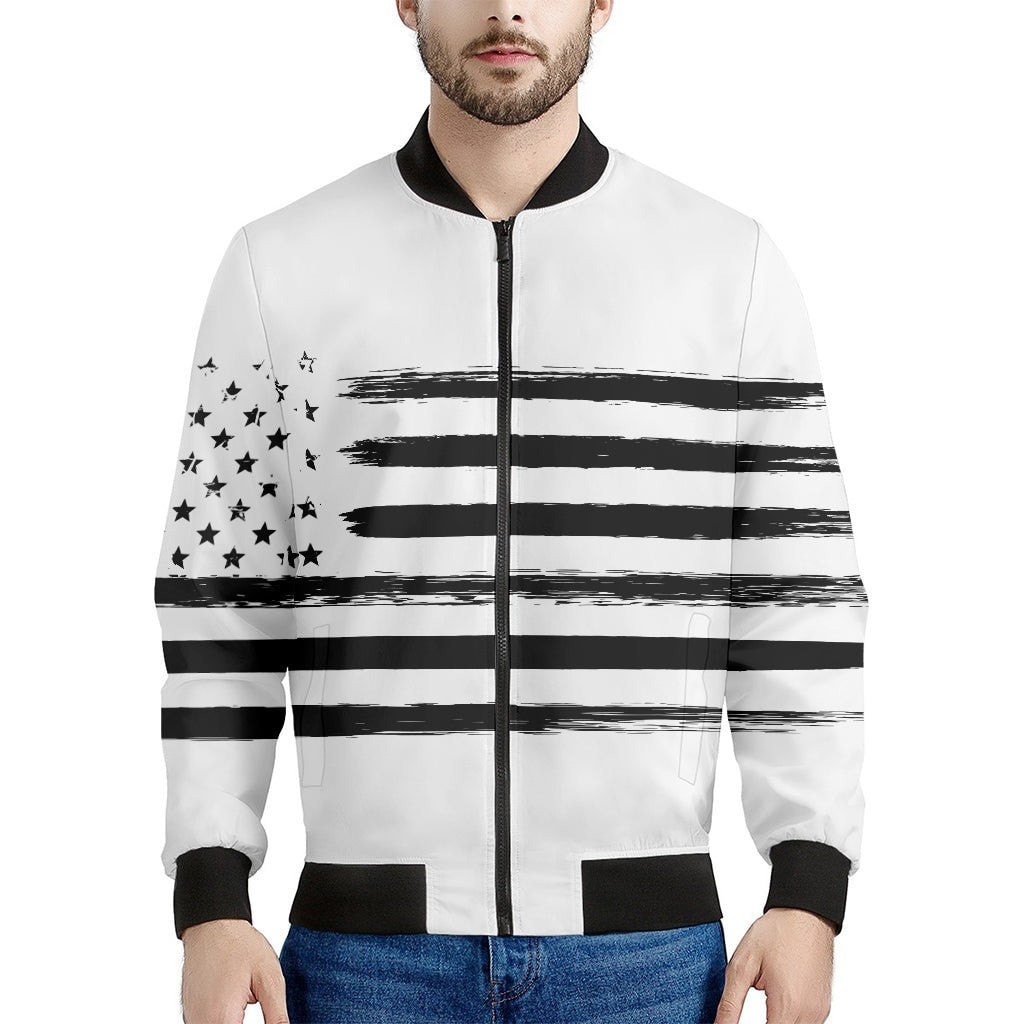 White And Black USA Flag Print Men's Bomber Jacket